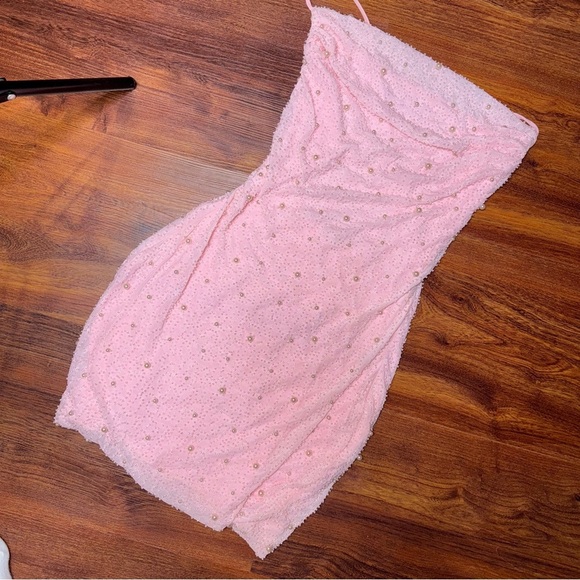 Windsor Keira Faux Pearl Strappy Open Back Blush Beaded Mini Dress - Picture 7 of 8